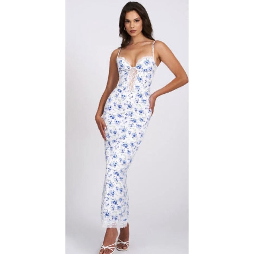 Miss Circle Blue Floral Satin Lace Corset Maxi Dress White Blue Floral Size XL